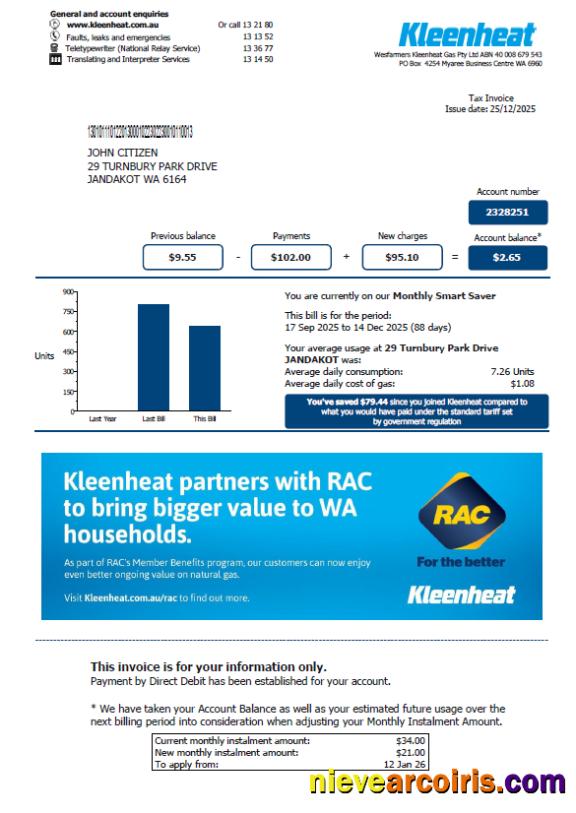 Australia Kleenheat utility bill